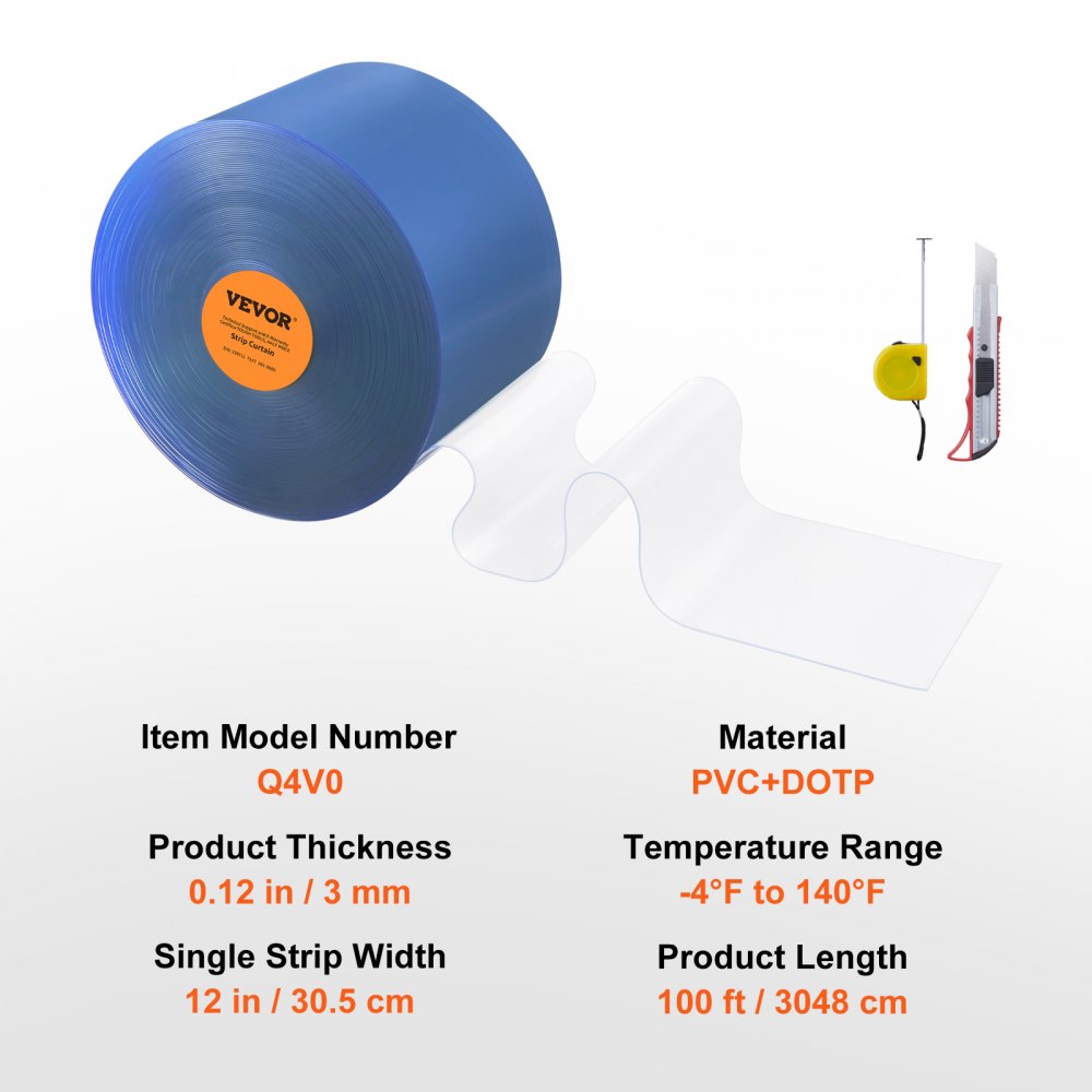 VEVOR Strip Curtain, 3048 cm L x 30.5 cm W x 3 mm Thickness, Clear PVC Smooth Curtain Strip Door Bulk Roll, Plastic Door Strips for Doorway of Supermarket, Garage, Warehouse, Barn, Pet Animal House