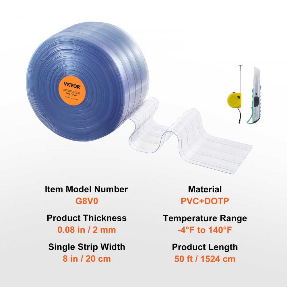 VEVOR Strip Curtain, 1524 cm Length x 20 cm Width x 2 mm Thickness, Clear Ribbed PVC Curtain Strip Door Bulk Roll, Plastic Door Strips for Doorways of Supermarket, Garage, Warehouse, Barn, Pet House