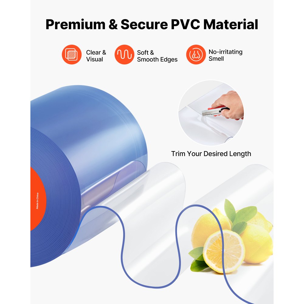 VEVOR Clear PVC Strip Curtain, 15 m Length x 20 cm Width, Plastic Door Strip Bulk Roll, Walk in Freezer Cooler Curtain Strips for Doorways of Supermarket, Garage, Warehouse, Barn, Pet Animal House