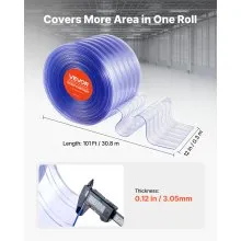 VEVOR Clear PVC Strip Curtain, 101 ft Length x 12 in Width, Ribbed Plastic Door Strip Bulk Roll, Walk in Freezer Cooler Curtain Strips for Doorways of Supermarket, Garage, Warehouse, Pet Animal House