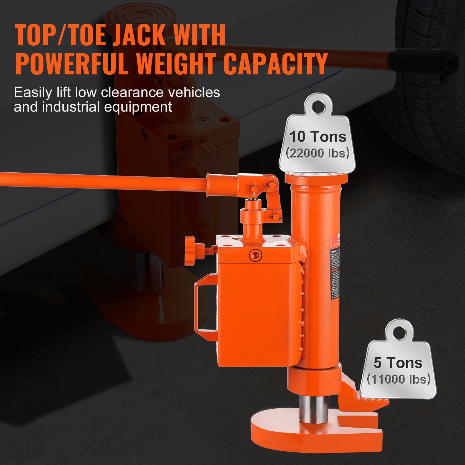 VEVOR Hydraulic Toe Jack, 5 Ton On Toe Toe Jack Lift, 10 Ton On Top Lift Capacity Machine Jack, 1.0-9.1 in Toe Height, 14.6-22.4 in Top Height, 360° Rotatable Claw Jack for Machinery, Industry