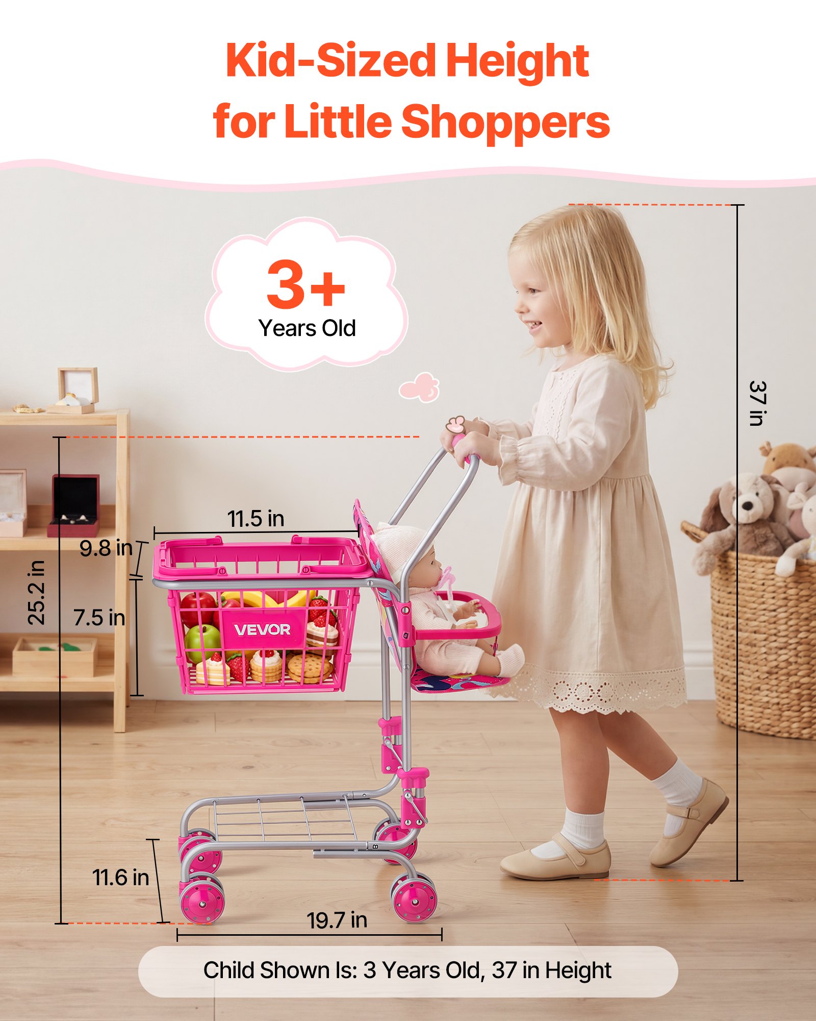 VEVOR Shopping Cart for Kids, Sturdy Metal Frame, Toy Shopping Cart with Baby Doll, 4 Rolling Wheels, Doll Seat Carrier, Grocery Pretend Play Toy Trolley, Folds for Easy Storage, for Toddlers Ages 3+