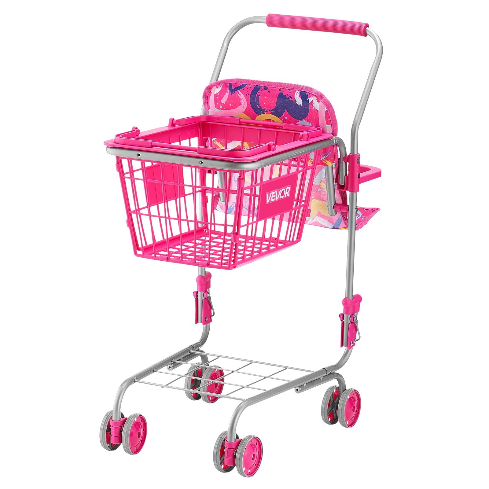 VEVOR Shopping Cart for Kids, Sturdy Metal Frame, Toy Shopping Cart with Baby Doll, 4 Rolling Wheels, Doll Seat Carrier, Grocery Pretend Play Toy Trolley, Folds for Easy Storage, for Toddlers Ages 3+