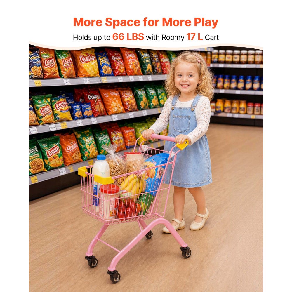 VEVOR Shopping Cart for Kids, Sturdy Steel Frame, Grocery Store Pretend Play Toy with Wheels, Dense Mesh Basket, Toy Shopping Cart Trolley, Foldable Design, Flip-Open Back, for Kids & Toddlers Ages 3+