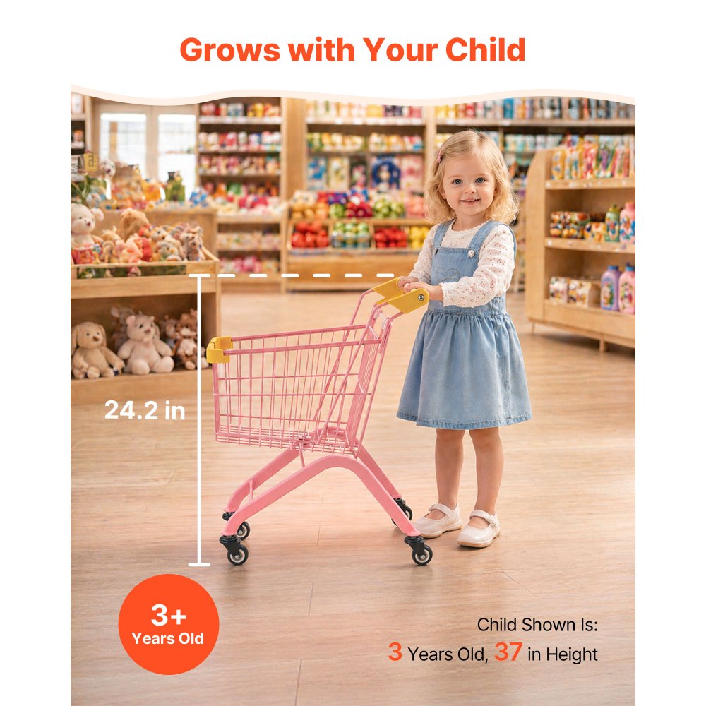 VEVOR Shopping Cart for Kids, Sturdy Steel Frame, Grocery Store Pretend Play Toy with Wheels, Dense Mesh Basket, Toy Shopping Cart Trolley, Foldable Design, Flip-Open Back, for Kids & Toddlers Ages 3+