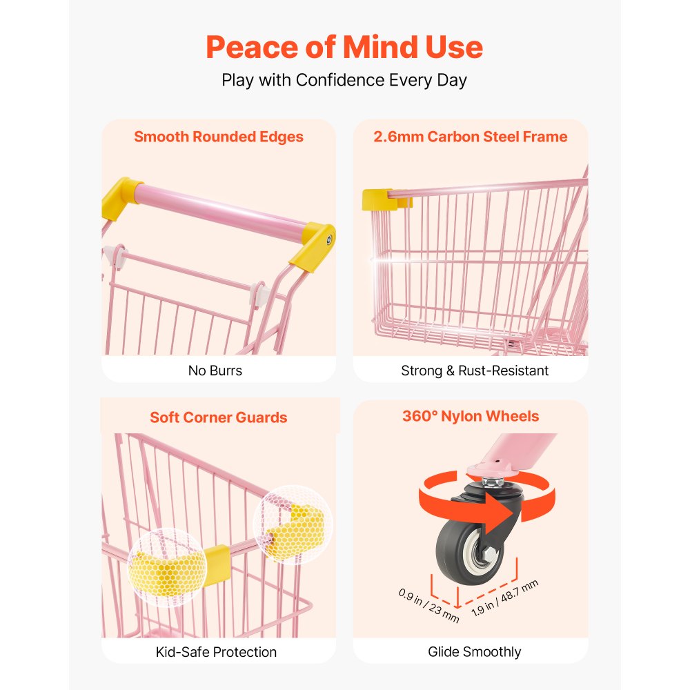 VEVOR Shopping Cart for Kids, Sturdy Steel Frame, Grocery Store Pretend Play Toy with Wheels, Dense Mesh Basket, Toy Shopping Cart Trolley, Foldable Design, Flip-Open Back, for Kids & Toddlers Ages 3+