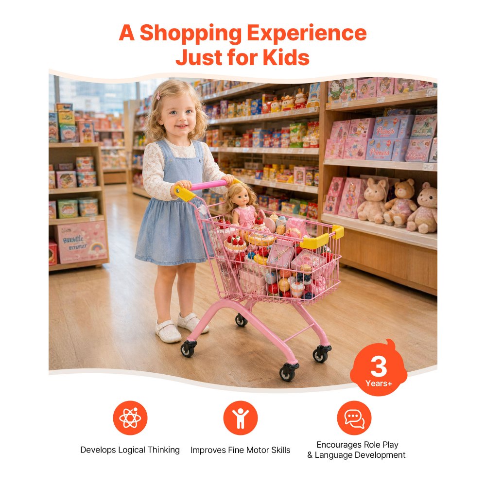 VEVOR Shopping Cart for Kids, Sturdy Steel Frame, Grocery Store Pretend Play Toy with Wheels, Dense Mesh Basket, Toy Shopping Cart Trolley, Foldable Design, Flip-Open Back, for Kids & Toddlers Ages 3+