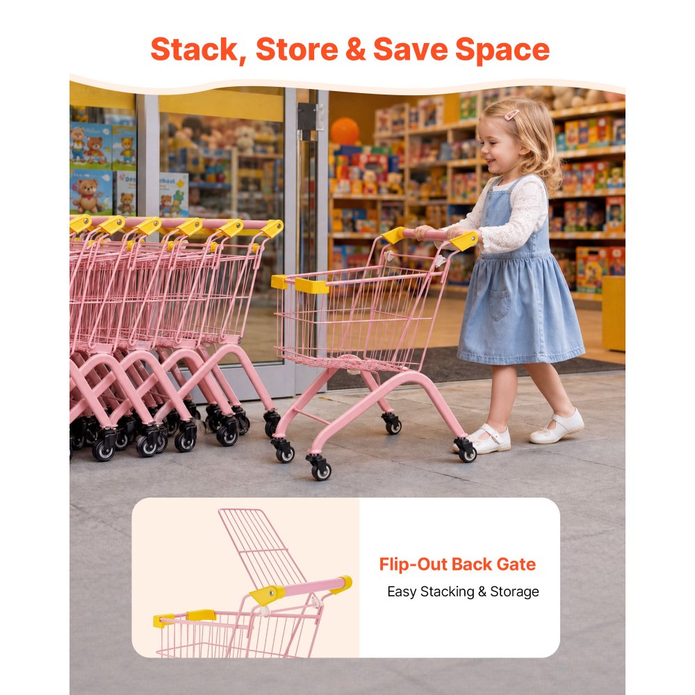 VEVOR Shopping Cart for Kids, Sturdy Steel Frame, Grocery Store Pretend Play Toy with Wheels, Dense Mesh Basket, Toy Shopping Cart Trolley, Foldable Design, Flip-Open Back, for Kids & Toddlers Ages 3+