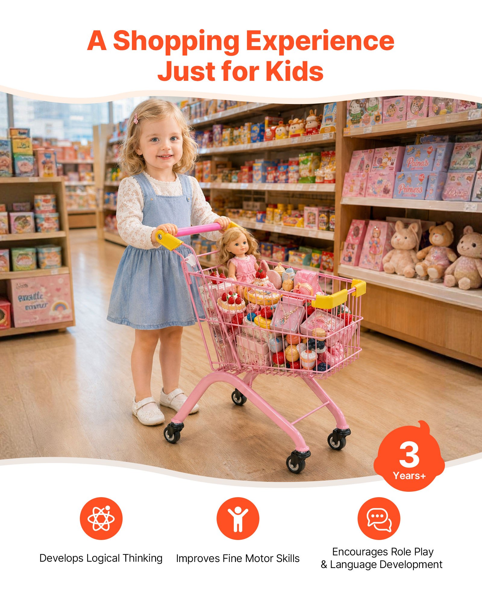 VEVOR Shopping Cart for Kids, Sturdy Steel Frame, Grocery Store Pretend Play Toy with Wheels, Dense Mesh Basket, Toy Shopping Cart Trolley, Foldable Design, Flip-Open Back, for Kids & Toddlers Ages 3+