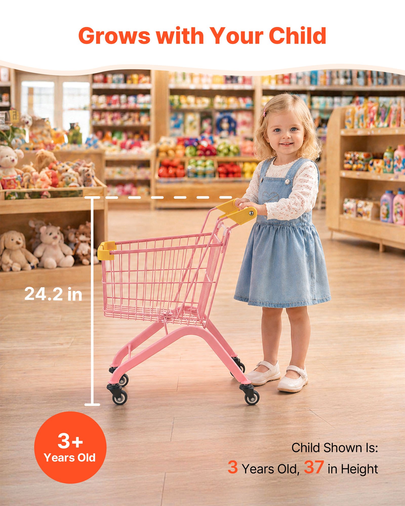 VEVOR Shopping Cart for Kids, Sturdy Steel Frame, Grocery Store Pretend Play Toy with Wheels, Dense Mesh Basket, Toy Shopping Cart Trolley, Foldable Design, Flip-Open Back, for Kids & Toddlers Ages 3+