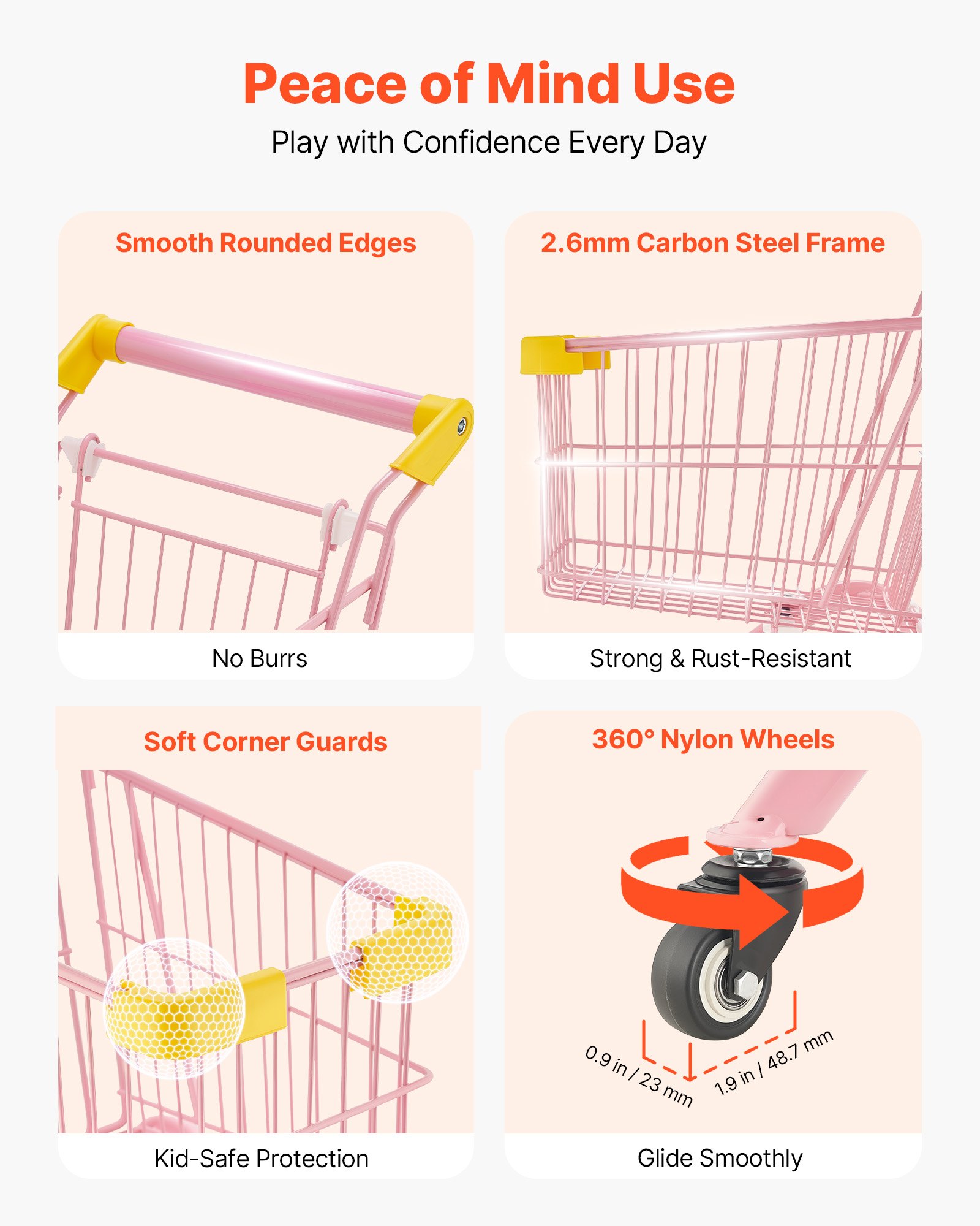 VEVOR Shopping Cart for Kids, Sturdy Steel Frame, Grocery Store Pretend Play Toy with Wheels, Dense Mesh Basket, Toy Shopping Cart Trolley, Foldable Design, Flip-Open Back, for Kids & Toddlers Ages 3+
