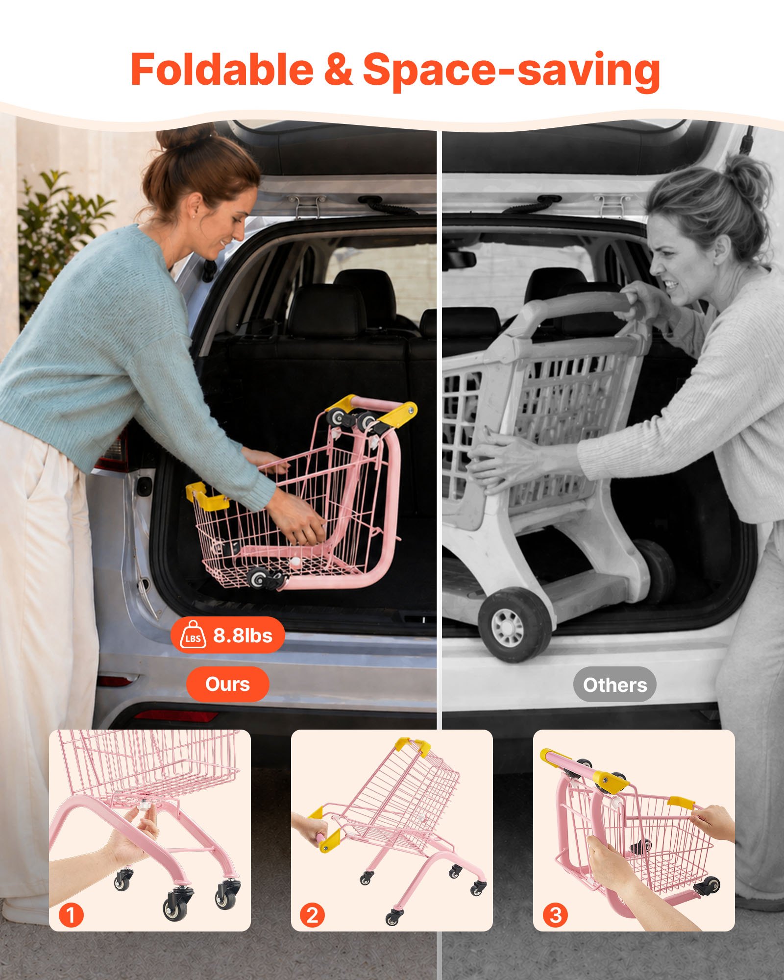 VEVOR Shopping Cart for Kids, Sturdy Steel Frame, Grocery Store Pretend Play Toy with Wheels, Dense Mesh Basket, Toy Shopping Cart Trolley, Foldable Design, Flip-Open Back, for Kids & Toddlers Ages 3+