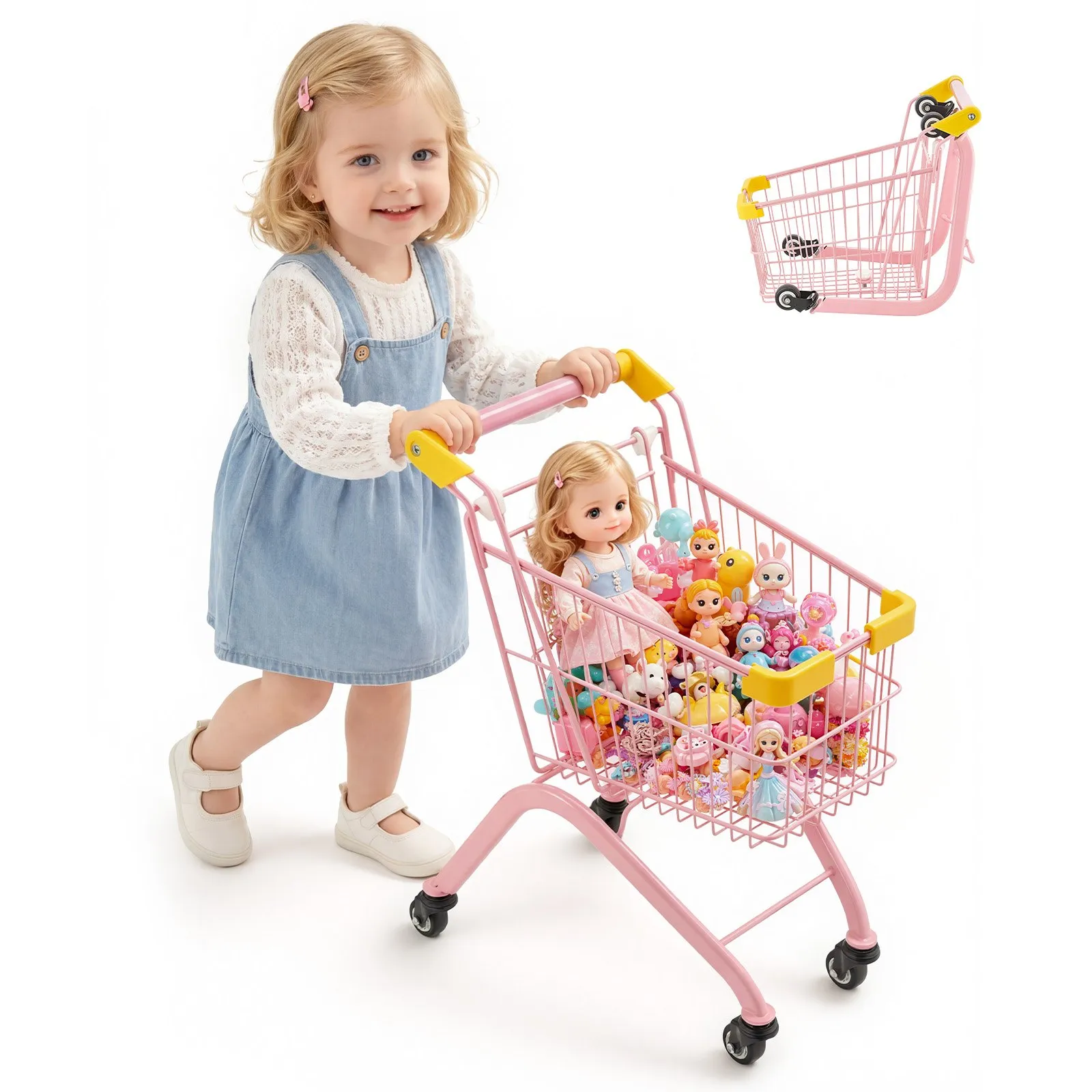 VEVOR Shopping Cart for Kids, Sturdy Steel Frame, Grocery Store Pretend Play Toy with Wheels, Dense Mesh Basket, Toy Shopping Cart Trolley, Foldable Design, Flip-Open Back, for Kids & Toddlers Ages 3+