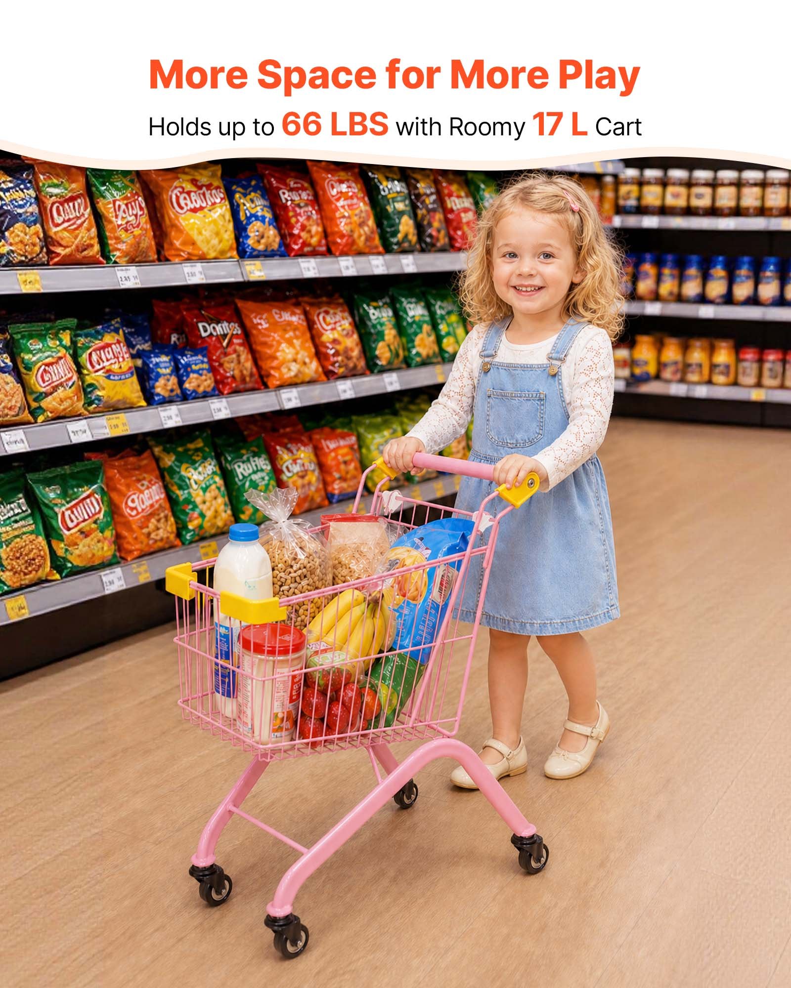 VEVOR Shopping Cart for Kids, Sturdy Steel Frame, Grocery Store Pretend Play Toy with Wheels, Dense Mesh Basket, Toy Shopping Cart Trolley, Foldable Design, Flip-Open Back, for Kids & Toddlers Ages 3+