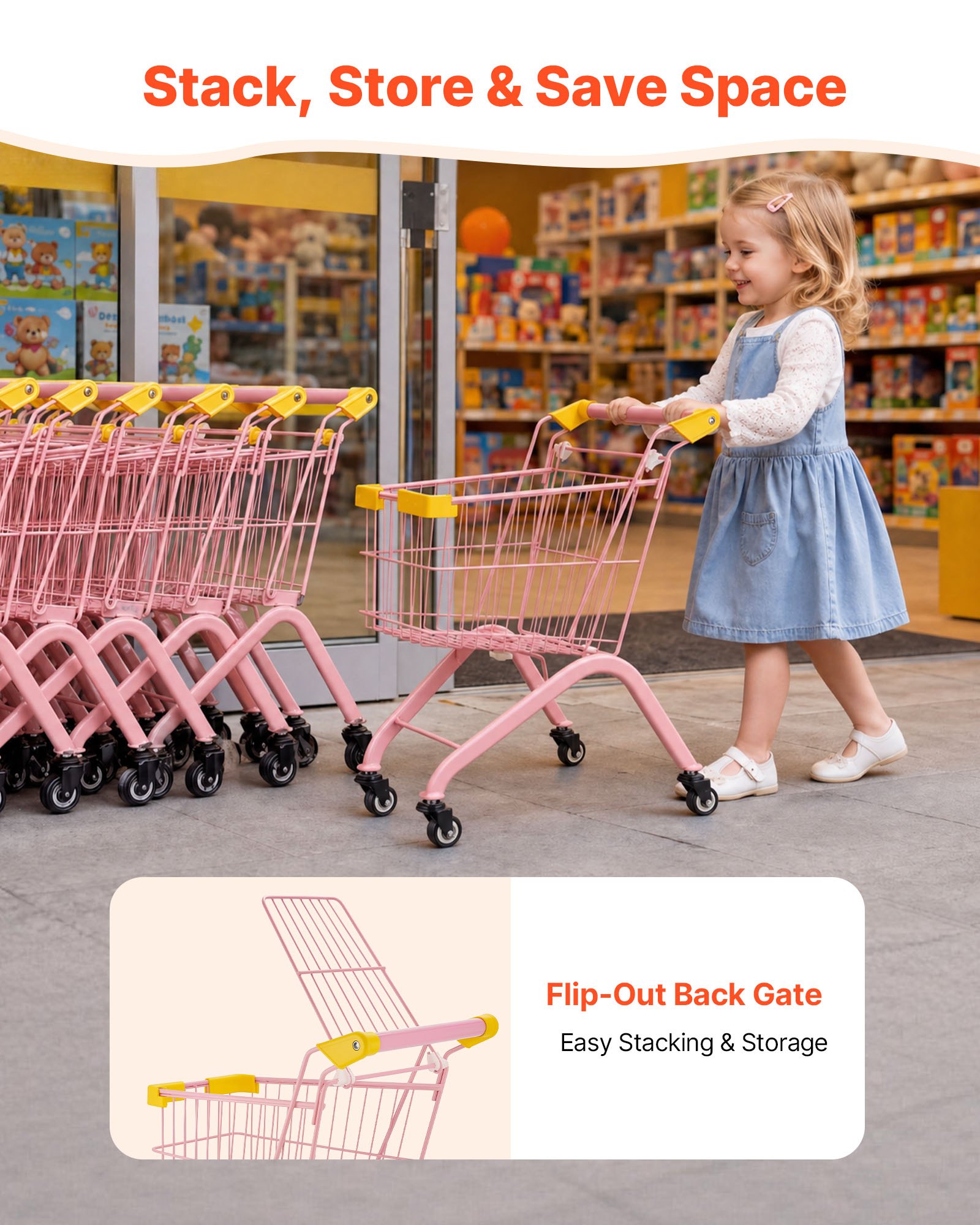 VEVOR Shopping Cart for Kids, Sturdy Steel Frame, Grocery Store Pretend Play Toy with Wheels, Dense Mesh Basket, Toy Shopping Cart Trolley, Foldable Design, Flip-Open Back, for Kids & Toddlers Ages 3+