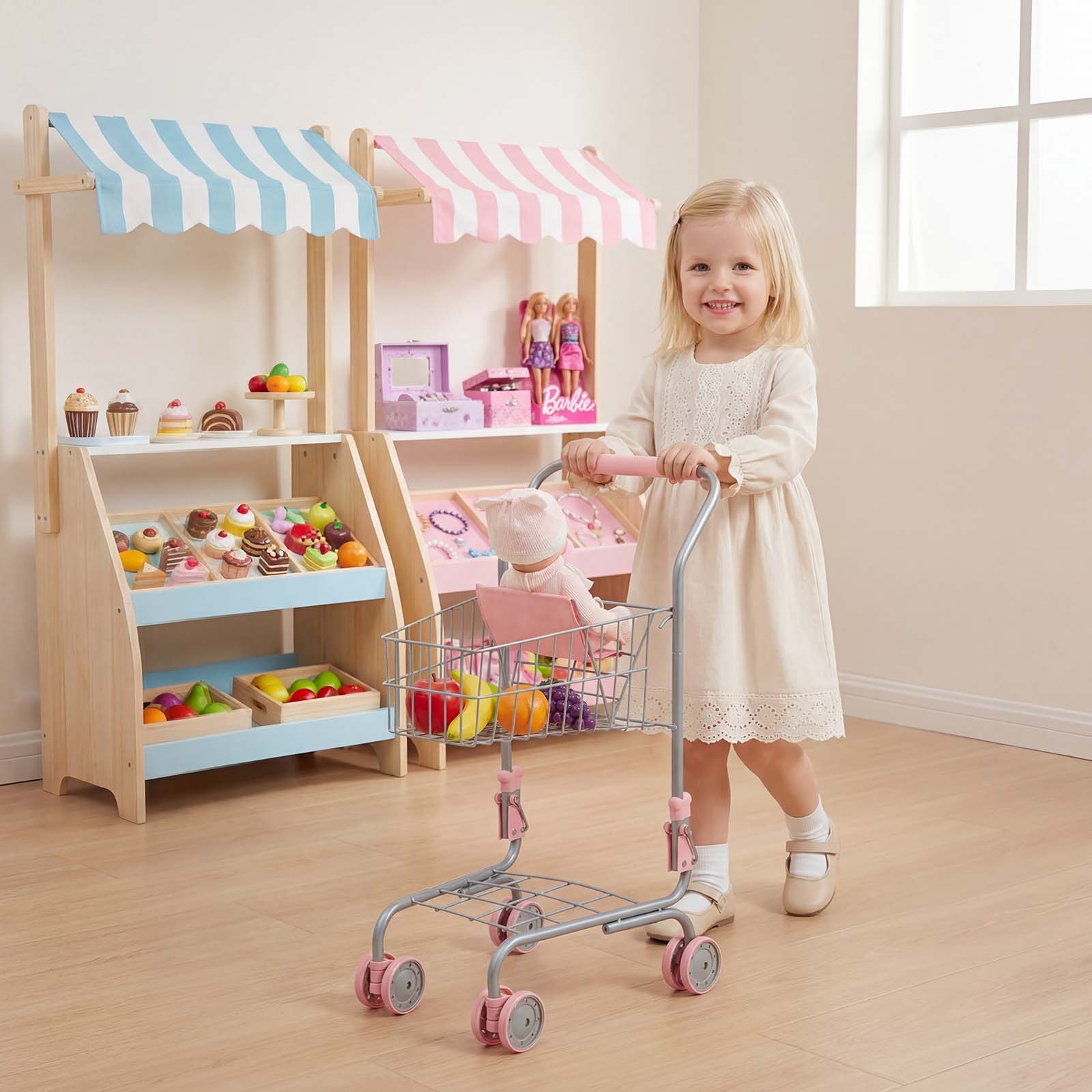 VEVOR Shopping Cart for Kids, Sturdy Metal Frame, Grocery Store Pretend Play Toy Cart with Baby Doll, Rolling Wheels, Basket, Toy Shopping Trolley, Folds for Easy Storage, for Kids & Toddlers Ages 3+