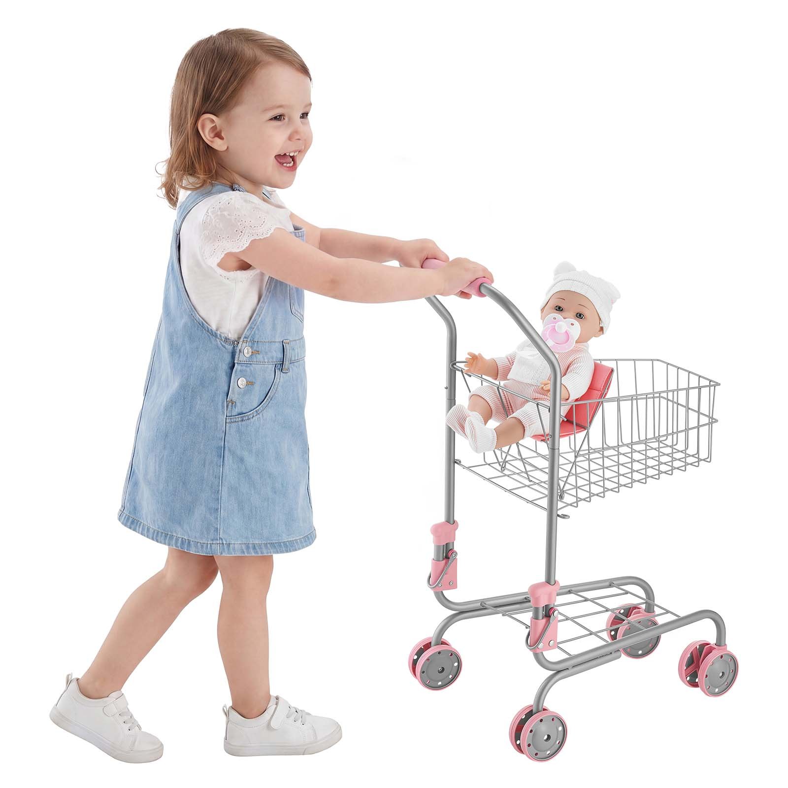 VEVOR Shopping Cart for Kids, Sturdy Metal Frame, Grocery Store Pretend Play Toy Cart with Baby Doll, Rolling Wheels, Basket, Toy Shopping Trolley, Folds for Easy Storage, for Kids & Toddlers Ages 3+