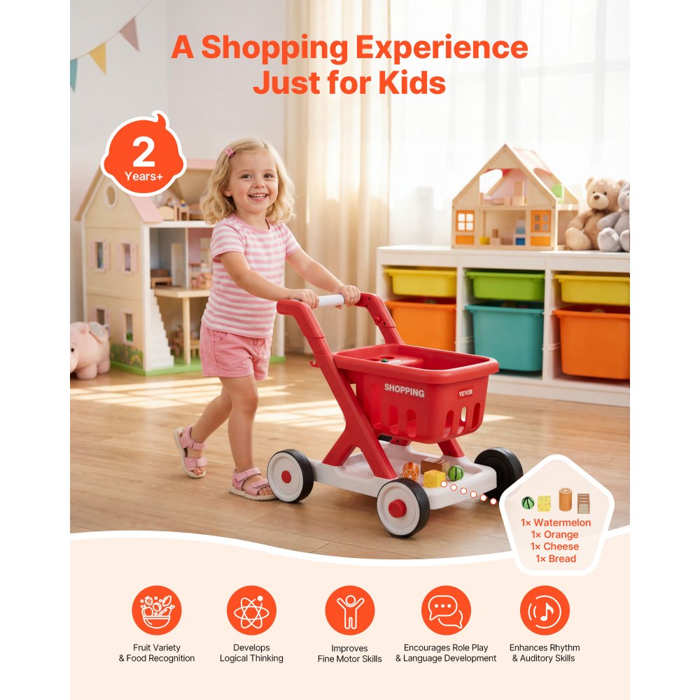 VEVOR Scan & Sort Kids Shopping Cart, for Kids 2+, Toy Shopping Cart with Pretend Food, Lights & Sound, Pretend Play Grocery Store Toy Trolley, Adjustable Height Baby Push Walker, for Toddlers Ages 2+