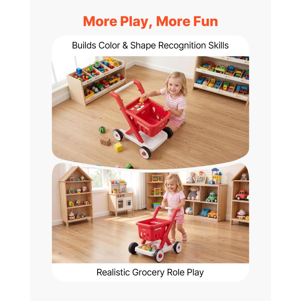 VEVOR Scan & Sort Kids Shopping Cart, for Kids 2+, Toy Shopping Cart with Pretend Food, Lights & Sound, Pretend Play Grocery Store Toy Trolley, Adjustable Height Baby Push Walker, for Toddlers Ages 2+