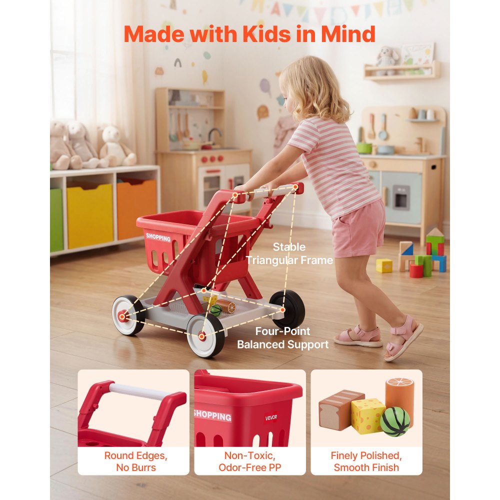 VEVOR Scan & Sort Kids Shopping Cart, for Kids 2+, Toy Shopping Cart with Pretend Food, Lights & Sound, Pretend Play Grocery Store Toy Trolley, Adjustable Height Baby Push Walker, for Toddlers Ages 2+
