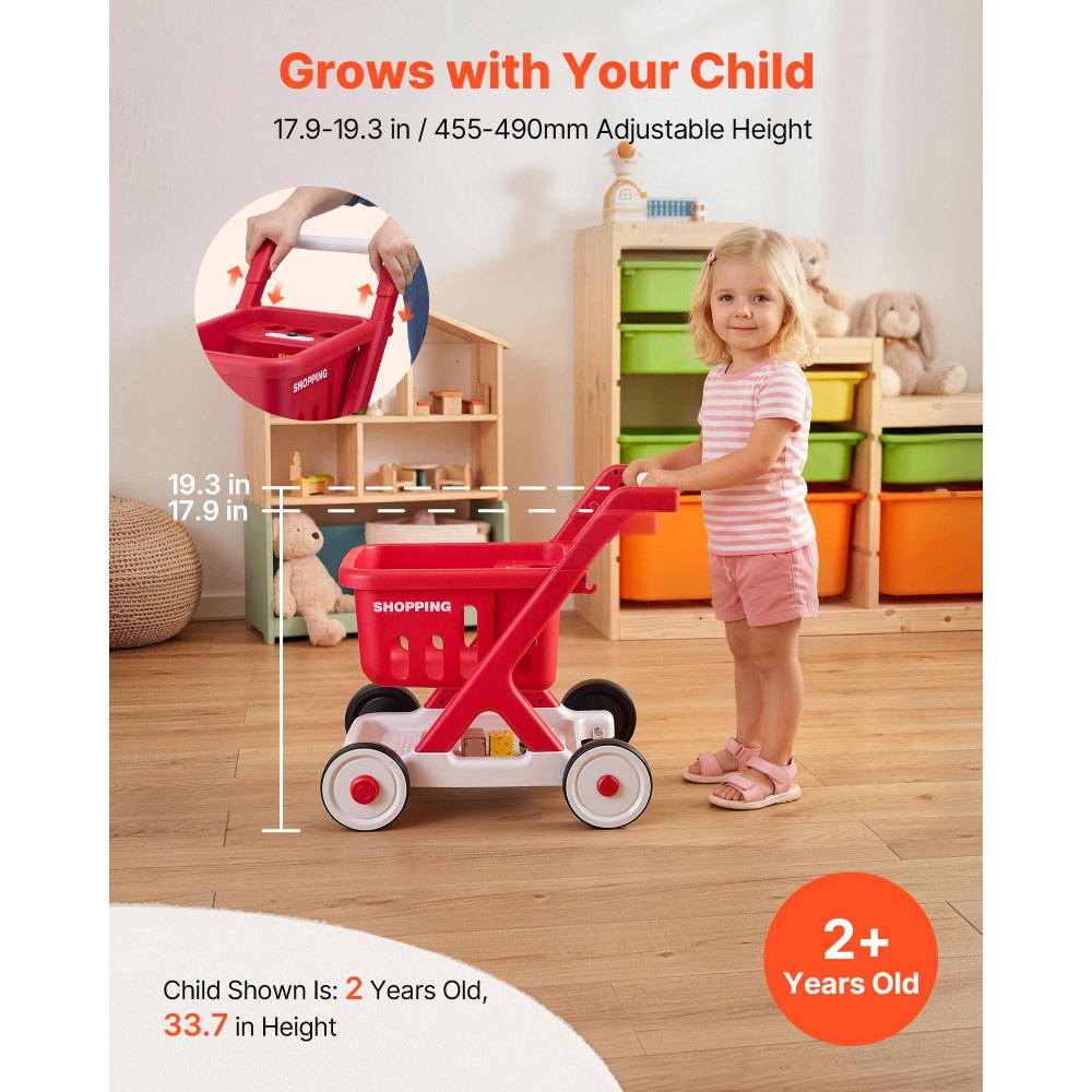 VEVOR Scan & Sort Kids Shopping Cart, for Kids 2+, Toy Shopping Cart with Pretend Food, Lights & Sound, Pretend Play Grocery Store Toy Trolley, Adjustable Height Baby Push Walker, for Toddlers Ages 2+