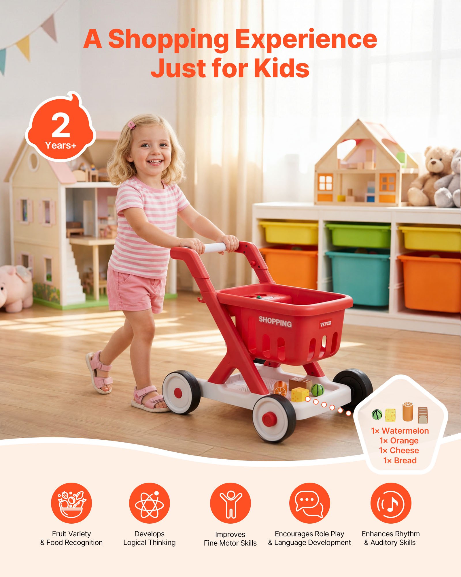 VEVOR Scan & Sort Kids Shopping Cart, for Kids 2+, Toy Shopping Cart with Pretend Food, Lights & Sound, Pretend Play Grocery Store Toy Trolley, Adjustable Height Baby Push Walker, for Toddlers Ages 2+