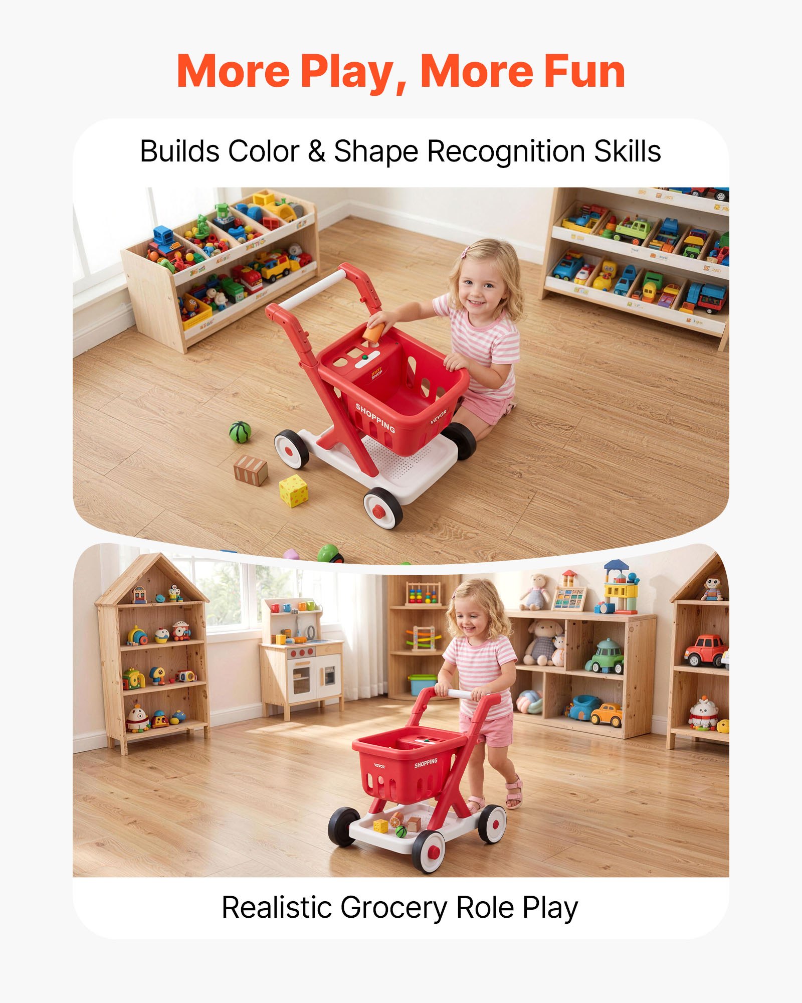 VEVOR Scan & Sort Kids Shopping Cart, for Kids 2+, Toy Shopping Cart with Pretend Food, Lights & Sound, Pretend Play Grocery Store Toy Trolley, Adjustable Height Baby Push Walker, for Toddlers Ages 2+
