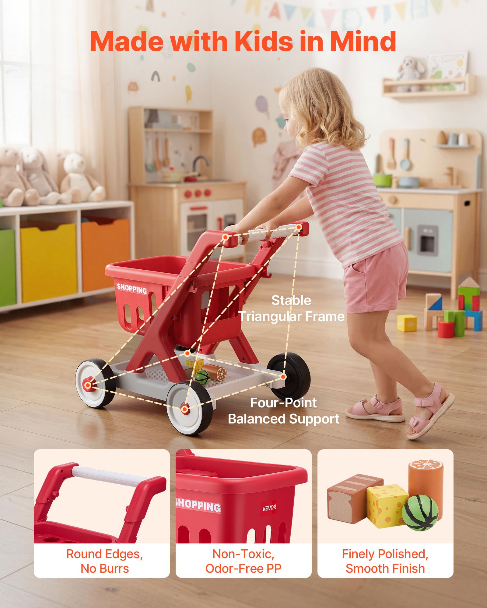 VEVOR Scan & Sort Kids Shopping Cart, for Kids 2+, Toy Shopping Cart with Pretend Food, Lights & Sound, Pretend Play Grocery Store Toy Trolley, Adjustable Height Baby Push Walker, for Toddlers Ages 2+