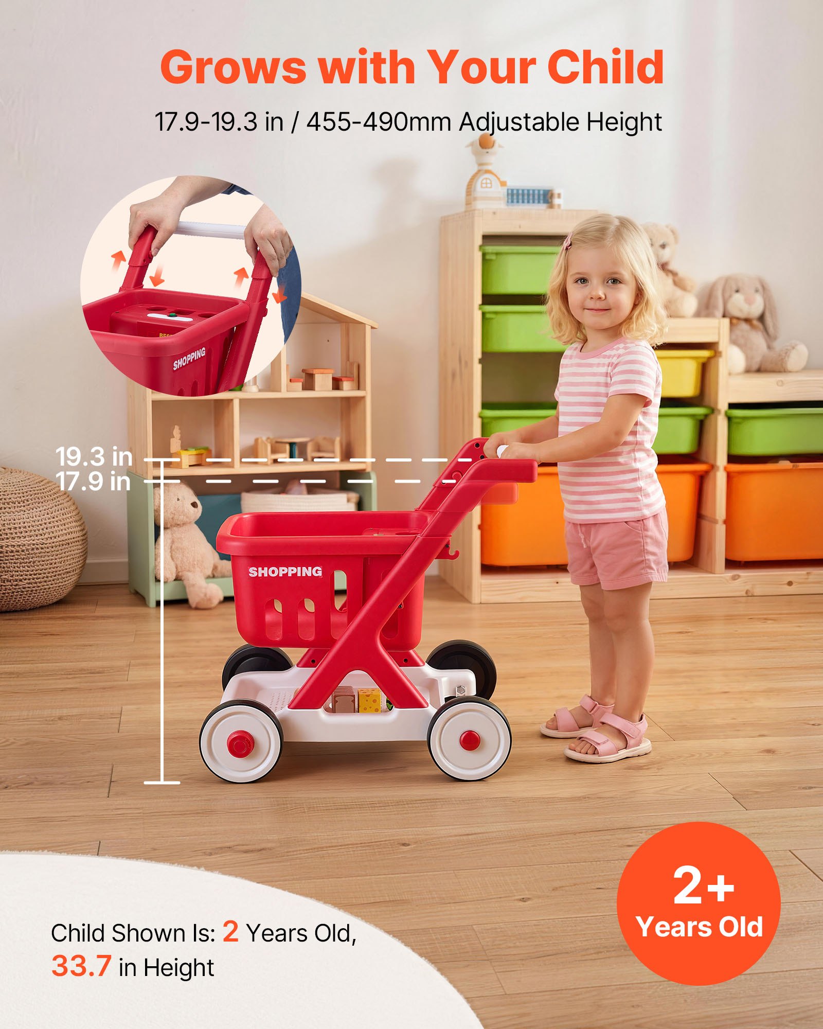 VEVOR Scan & Sort Kids Shopping Cart, for Kids 2+, Toy Shopping Cart with Pretend Food, Lights & Sound, Pretend Play Grocery Store Toy Trolley, Adjustable Height Baby Push Walker, for Toddlers Ages 2+