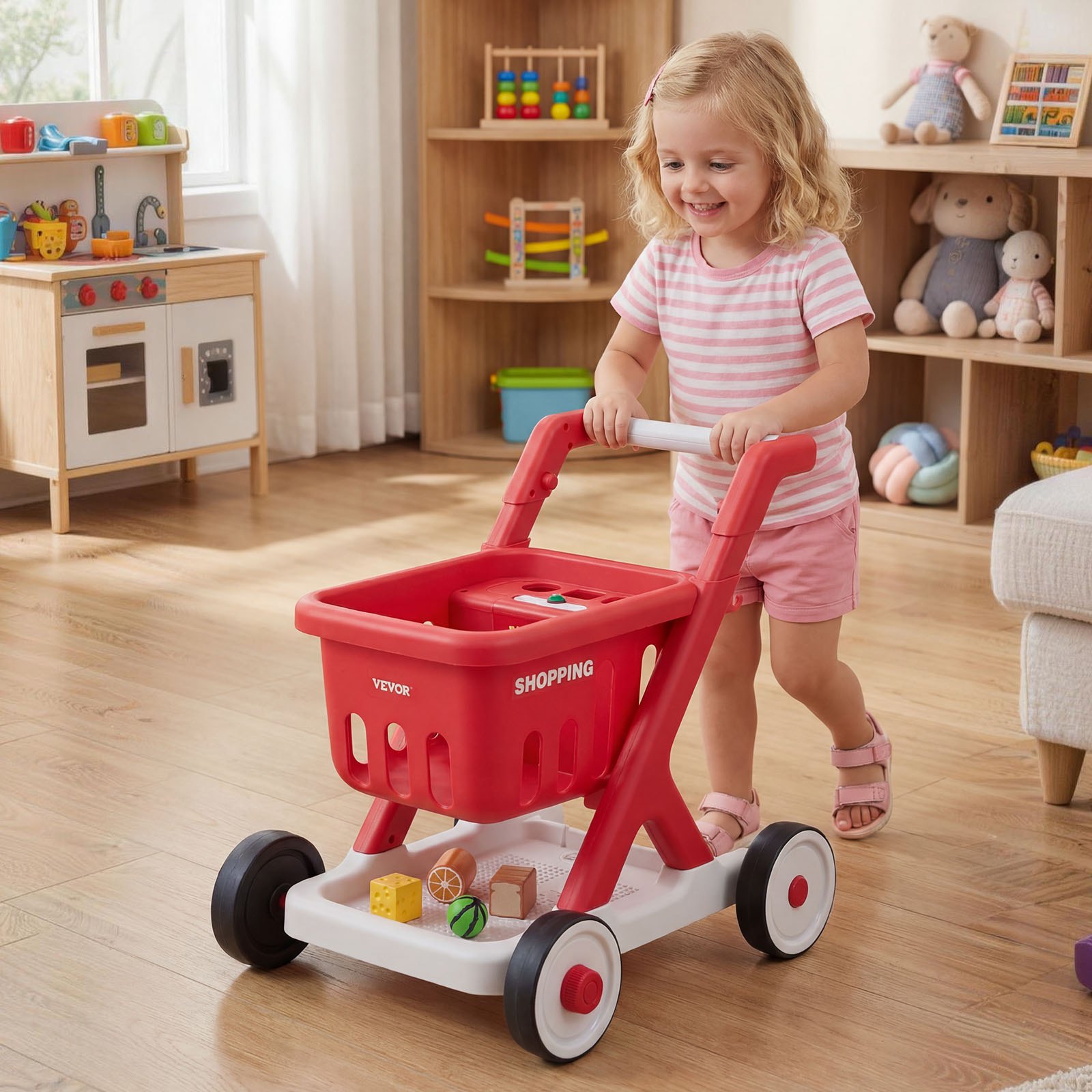 VEVOR Scan & Sort Kids Shopping Cart, for Kids 2+, Toy Shopping Cart with Pretend Food, Lights & Sound, Pretend Play Grocery Store Toy Trolley, Adjustable Height Baby Push Walker, for Toddlers Ages 2+