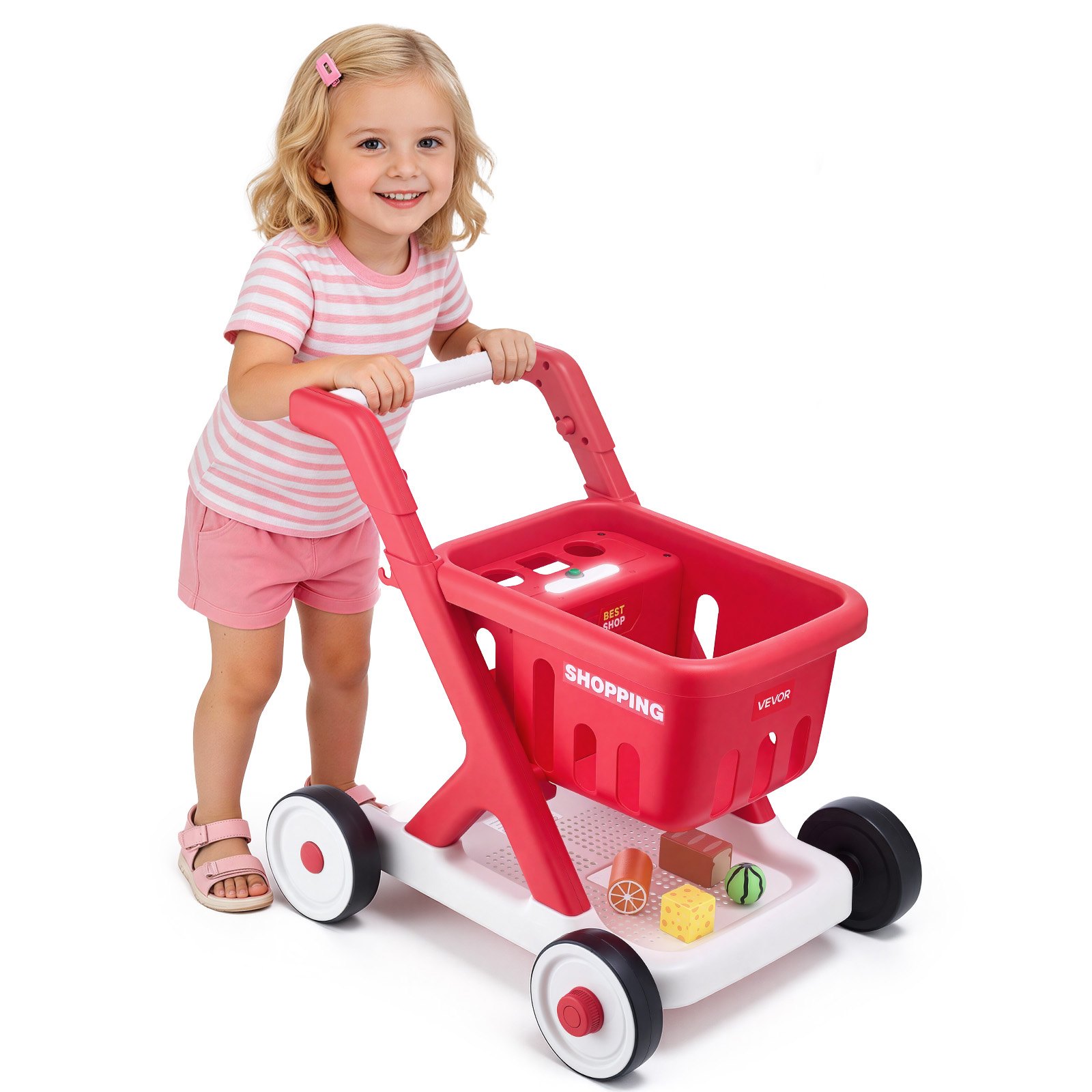 VEVOR Scan & Sort Kids Shopping Cart, for Kids 2+, Toy Shopping Cart with Pretend Food, Lights & Sound, Pretend Play Grocery Store Toy Trolley, Adjustable Height Baby Push Walker, for Toddlers Ages 2+