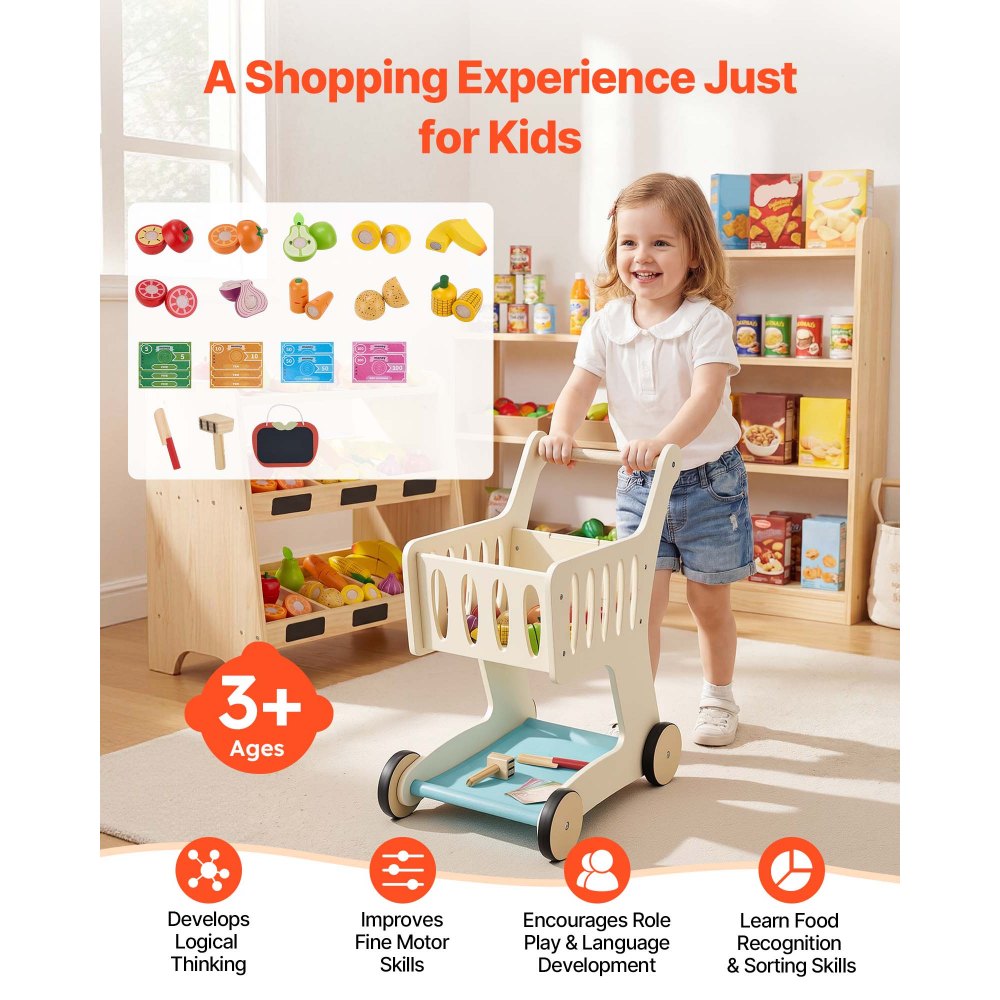 VEVOR Shopping Cart for Kids, Wooden, Toy Shopping Cart with Extra Storage, Realistic Play Food and Scanner, Grocery Store Pretend Play Toy Trolley, Baby Push Learning Walker, for Toddlers Ages 3+
