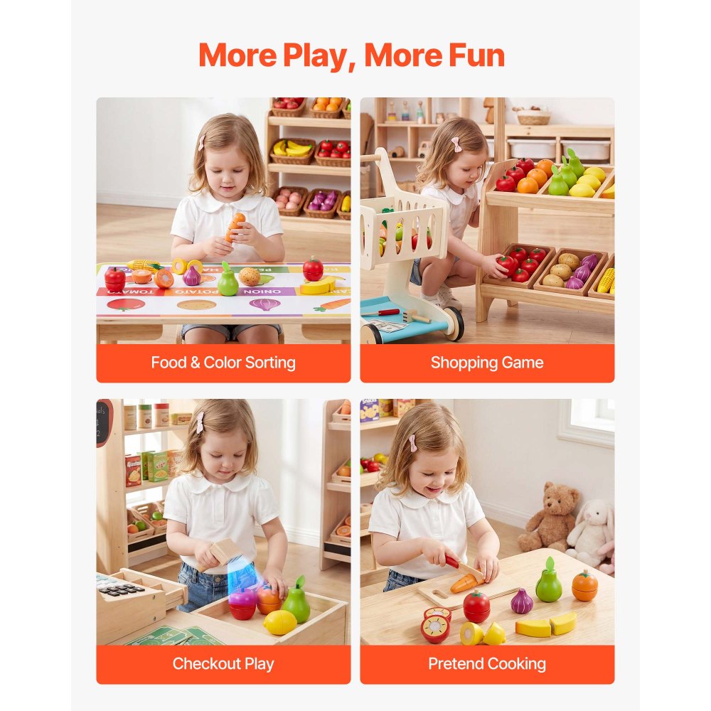 VEVOR Shopping Cart for Kids, Wooden, Toy Shopping Cart with Extra Storage, Realistic Play Food and Scanner, Grocery Store Pretend Play Toy Trolley, Baby Push Learning Walker, for Toddlers Ages 3+