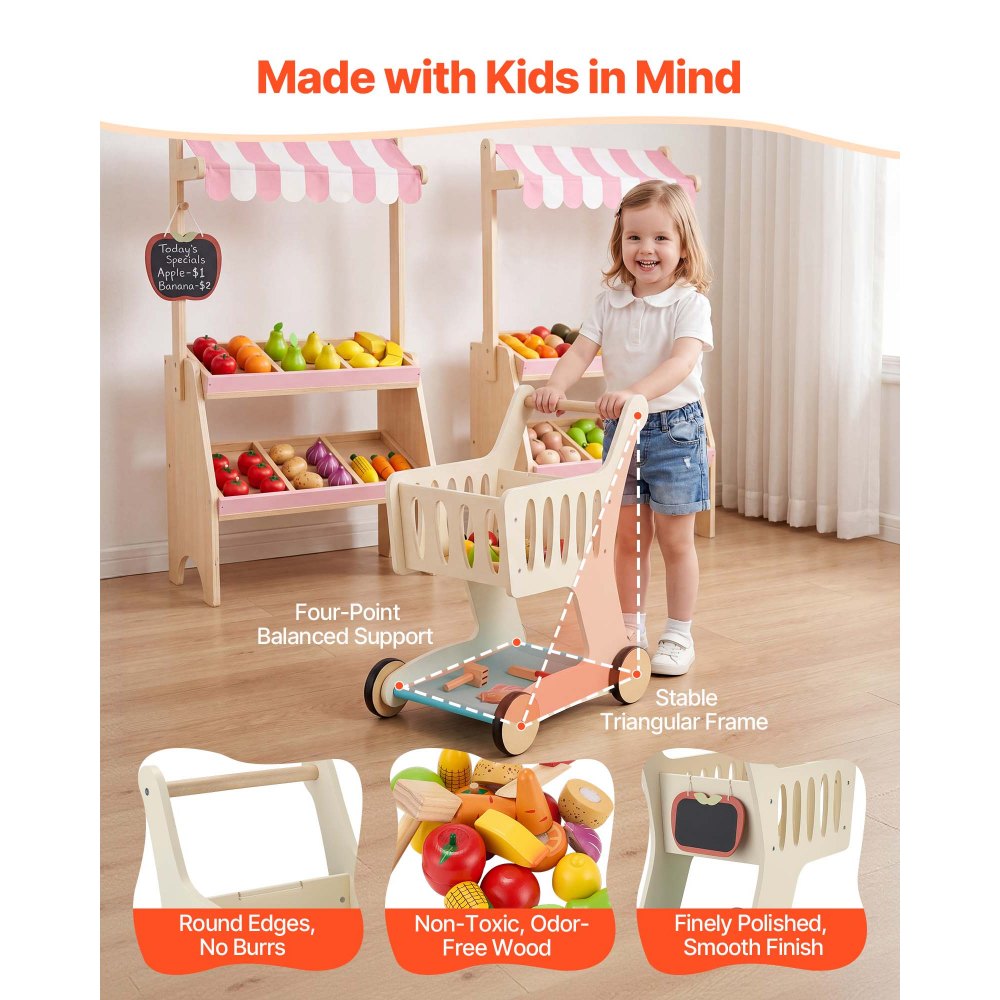 VEVOR Shopping Cart for Kids, Wooden, Toy Shopping Cart with Extra Storage, Realistic Play Food and Scanner, Grocery Store Pretend Play Toy Trolley, Baby Push Learning Walker, for Toddlers Ages 3+