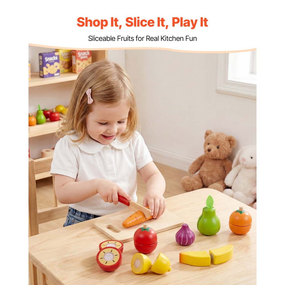 VEVOR Shopping Cart for Kids, Wooden, Toy Shopping Cart with Extra Storage, Realistic Play Food and Scanner, Grocery Store Pretend Play Toy Trolley, Baby Push Learning Walker, for Toddlers Ages 3+