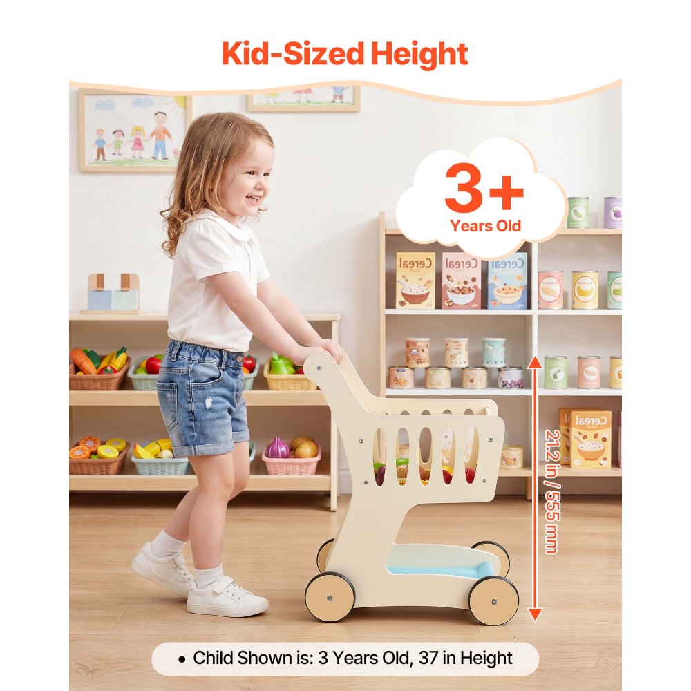 VEVOR Shopping Cart for Kids, Wooden, Toy Shopping Cart with Extra Storage, Realistic Play Food and Scanner, Grocery Store Pretend Play Toy Trolley, Baby Push Learning Walker, for Toddlers Ages 3+