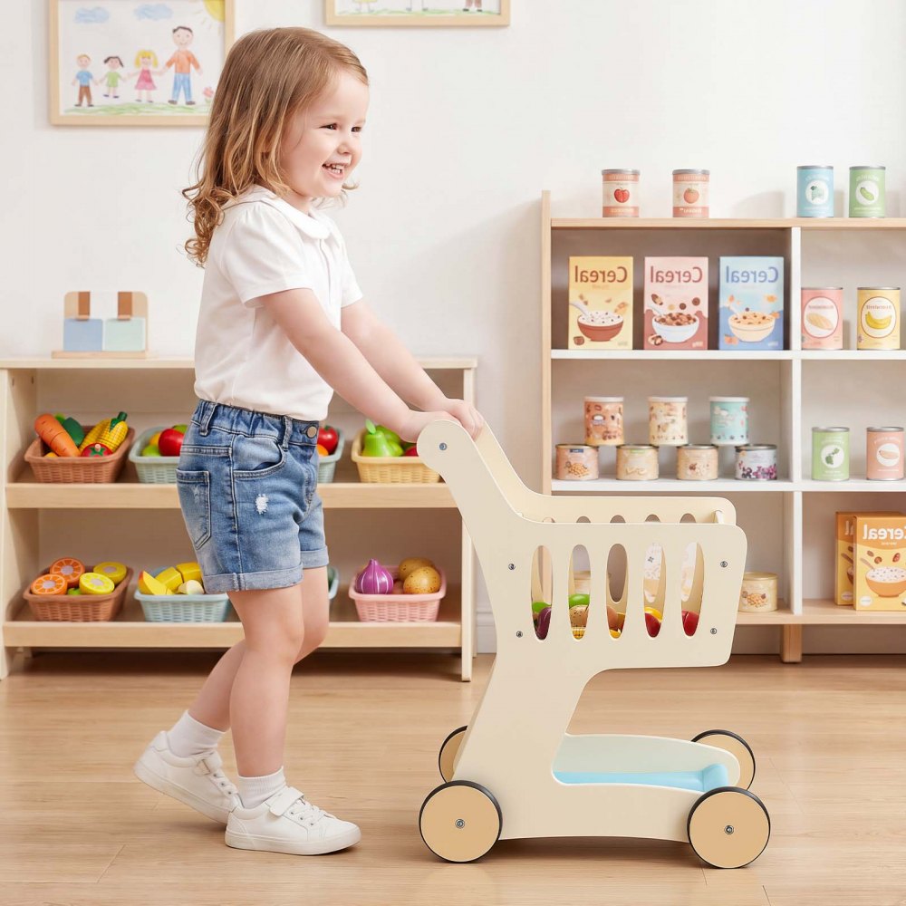 VEVOR Shopping Cart for Kids, Wooden, Toy Shopping Cart with Extra Storage, Realistic Play Food and Scanner, Grocery Store Pretend Play Toy Trolley, Baby Push Learning Walker, for Toddlers Ages 3+