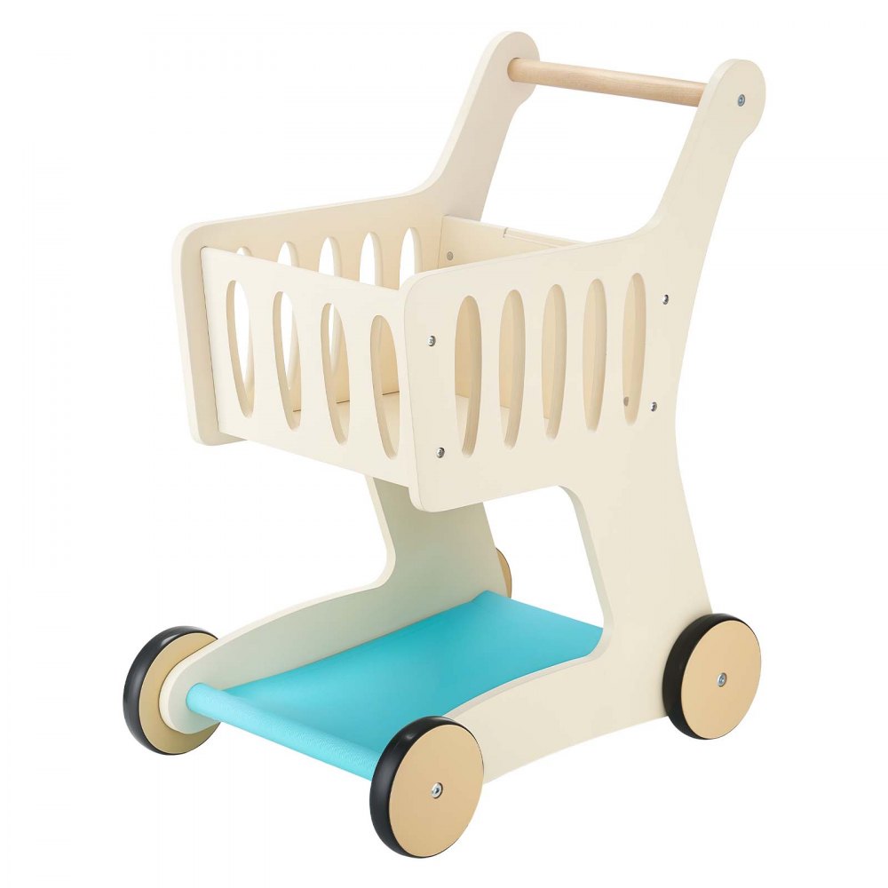 VEVOR Shopping Cart for Kids, Wooden, Toy Shopping Cart with Extra Storage, Realistic Play Food and Scanner, Grocery Store Pretend Play Toy Trolley, Baby Push Learning Walker, for Toddlers Ages 3+
