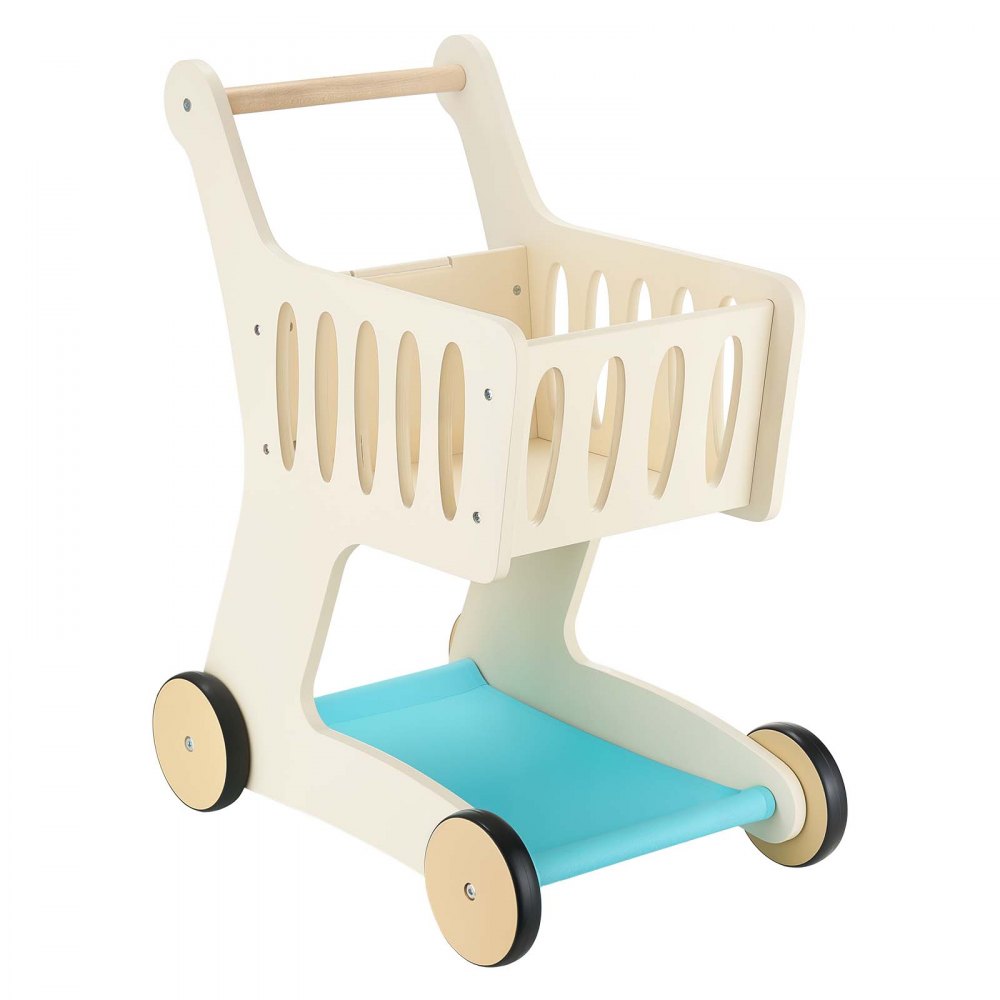 VEVOR Shopping Cart for Kids, Wooden, Toy Shopping Cart with Extra Storage, Realistic Play Food and Scanner, Grocery Store Pretend Play Toy Trolley, Baby Push Learning Walker, for Toddlers Ages 3+