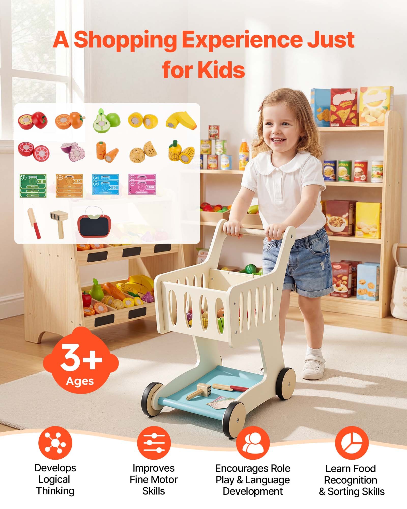VEVOR Shopping Cart for Kids, Wooden, Toy Shopping Cart with Extra Storage, Realistic Play Food and Scanner, Grocery Store Pretend Play Toy Trolley, Baby Push Learning Walker, for Toddlers Ages 3+