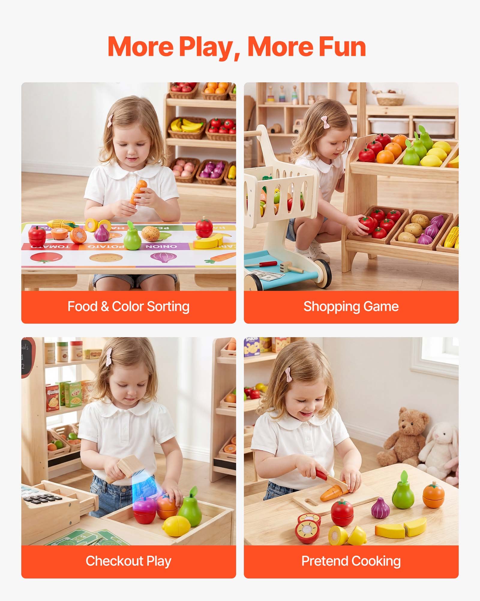 VEVOR Shopping Cart for Kids, Wooden, Toy Shopping Cart with Extra Storage, Realistic Play Food and Scanner, Grocery Store Pretend Play Toy Trolley, Baby Push Learning Walker, for Toddlers Ages 3+