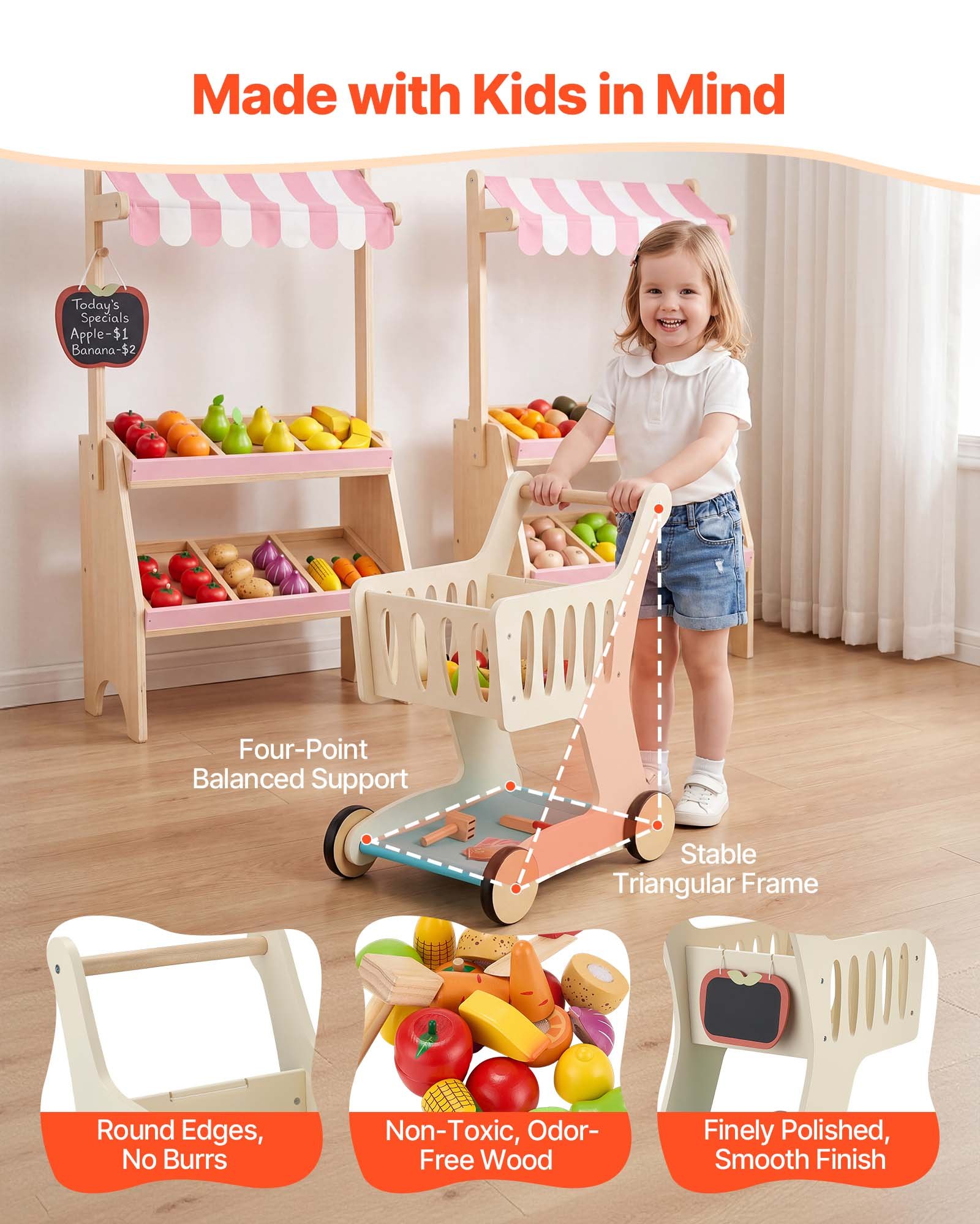 VEVOR Shopping Cart for Kids, Wooden, Toy Shopping Cart with Extra Storage, Realistic Play Food and Scanner, Grocery Store Pretend Play Toy Trolley, Baby Push Learning Walker, for Toddlers Ages 3+