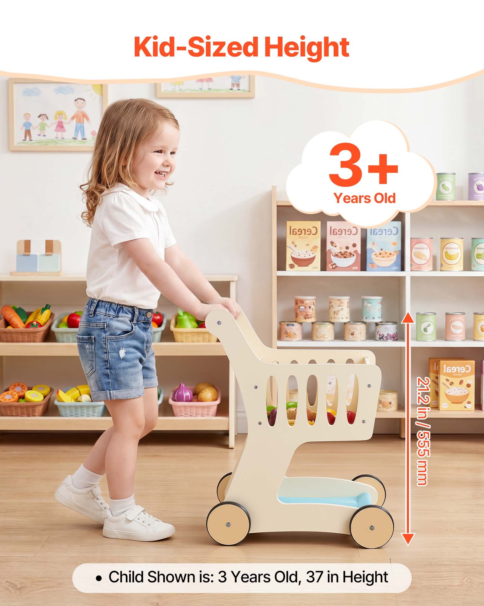 VEVOR Shopping Cart for Kids, Wooden, Toy Shopping Cart with Extra Storage, Realistic Play Food and Scanner, Grocery Store Pretend Play Toy Trolley, Baby Push Learning Walker, for Toddlers Ages 3+