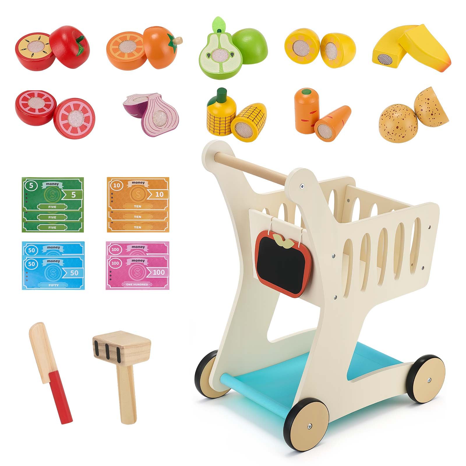 VEVOR Shopping Cart for Kids, Wooden, Toy Shopping Cart with Extra Storage, Realistic Play Food and Scanner, Grocery Store Pretend Play Toy Trolley, Baby Push Learning Walker, for Toddlers Ages 3+
