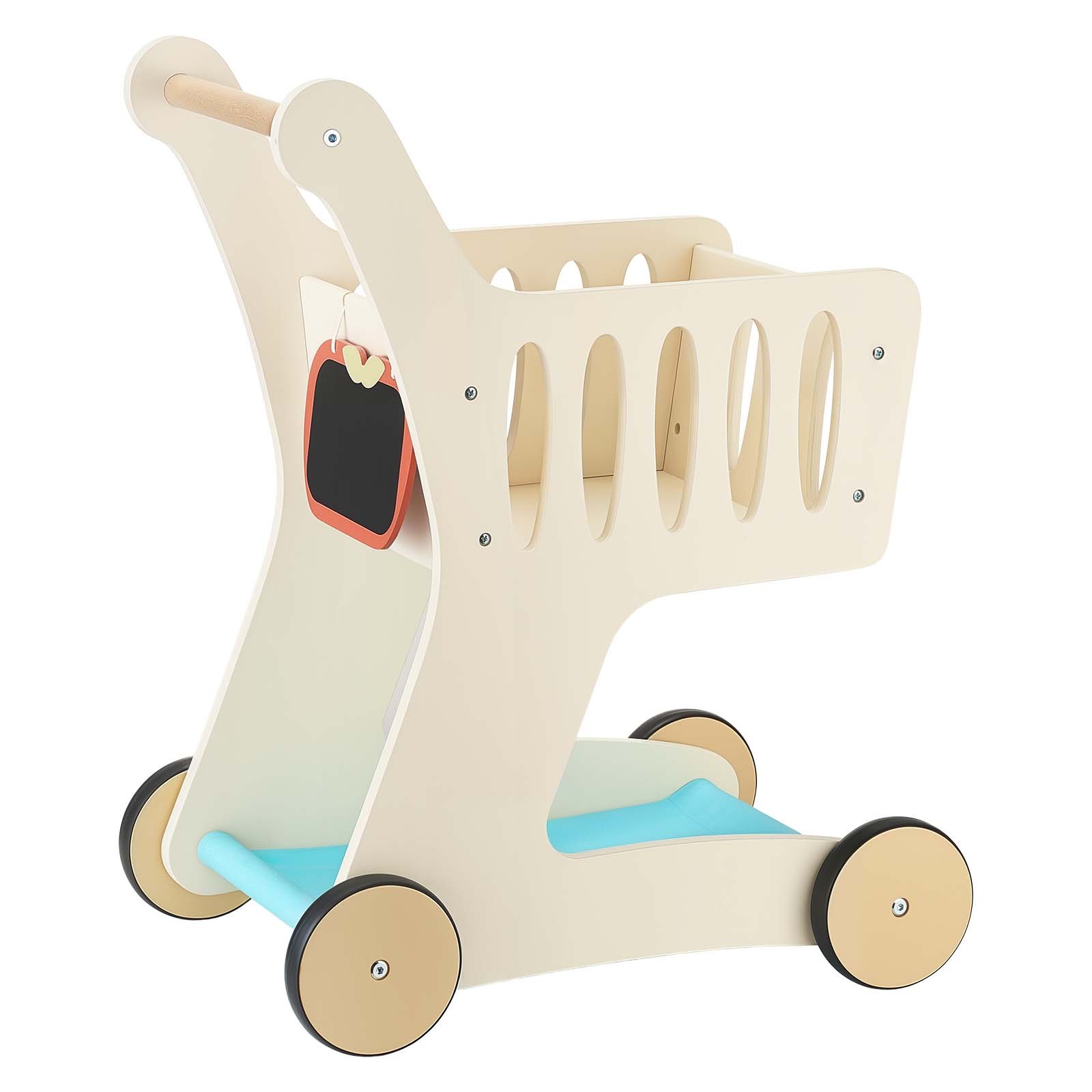VEVOR Shopping Cart for Kids, Wooden, Toy Shopping Cart with Extra Storage, Realistic Play Food and Scanner, Grocery Store Pretend Play Toy Trolley, Baby Push Learning Walker, for Toddlers Ages 3+