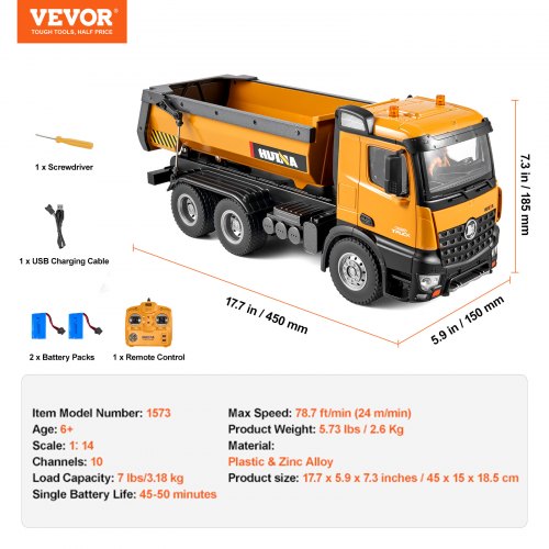 RC Camion benne jouet, 10 canaux échelle 1:14, camion benne télécommandé véhicule de chantier RC camion jouet avec lumière et 2 batteries