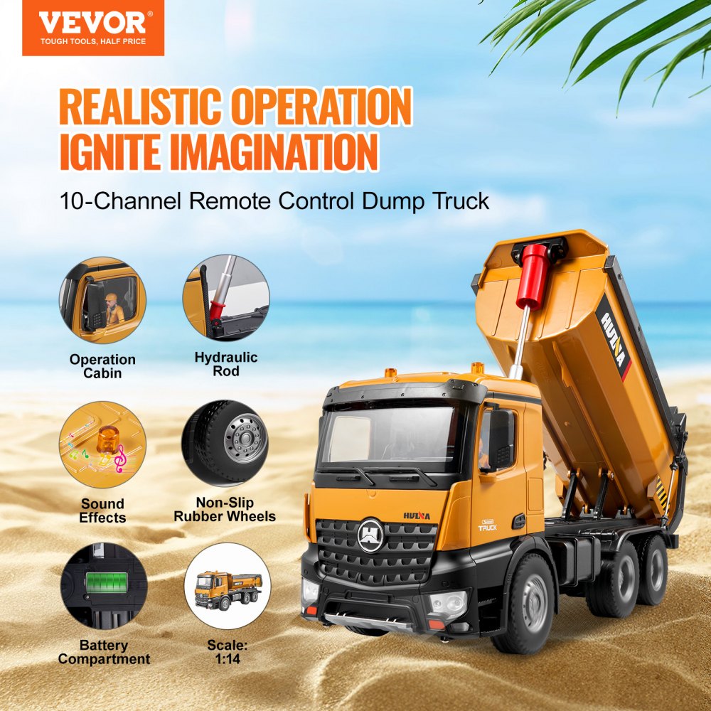 VEVOR RC Dump Truck Toy, 10-Channel 1:14 Scale, Remote Control Dump Truck RC Construction Vehicle Truck Toy with Light & 2 Rechargeable Batteries Birthday Gift for Toddlers Kids Boys and Girls Age 8+