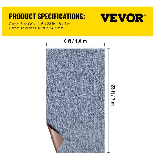 VEVOR Gray Marine Carpet 6 ft x 23 ft Boat Carpet Rugs Indoor Outdoor Rugs for Patio Deck Anti-Slide TPR Water-Proof Back Cut Outdoor Marine Carpeting Easy Clean Outdoor Carpet Roll