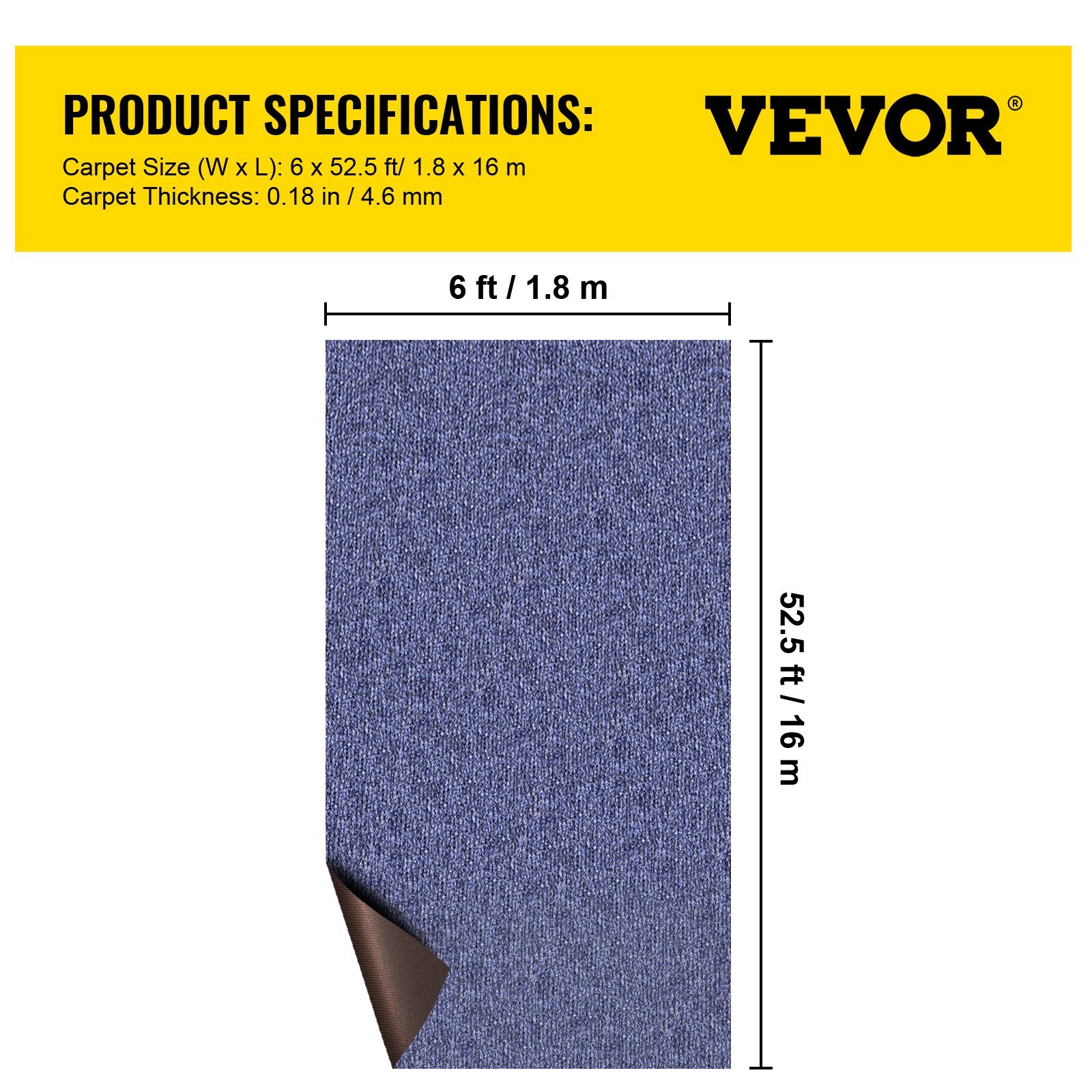 VEVOR Deep Blue Marine Carpet 6 ft x 52.5 ft Marine Carpeting Marine Grade Carpet for Boats with Waterproof Back Outdoor Rug for Patio Porch Deck Garage Outdoor Area Rug Runner Non-Slide Porch Rug