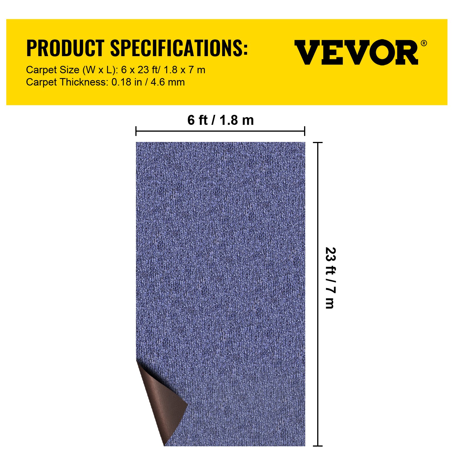 VEVOR marine carpet, 6x23 ft, showcases carpet thickness and dimensions.